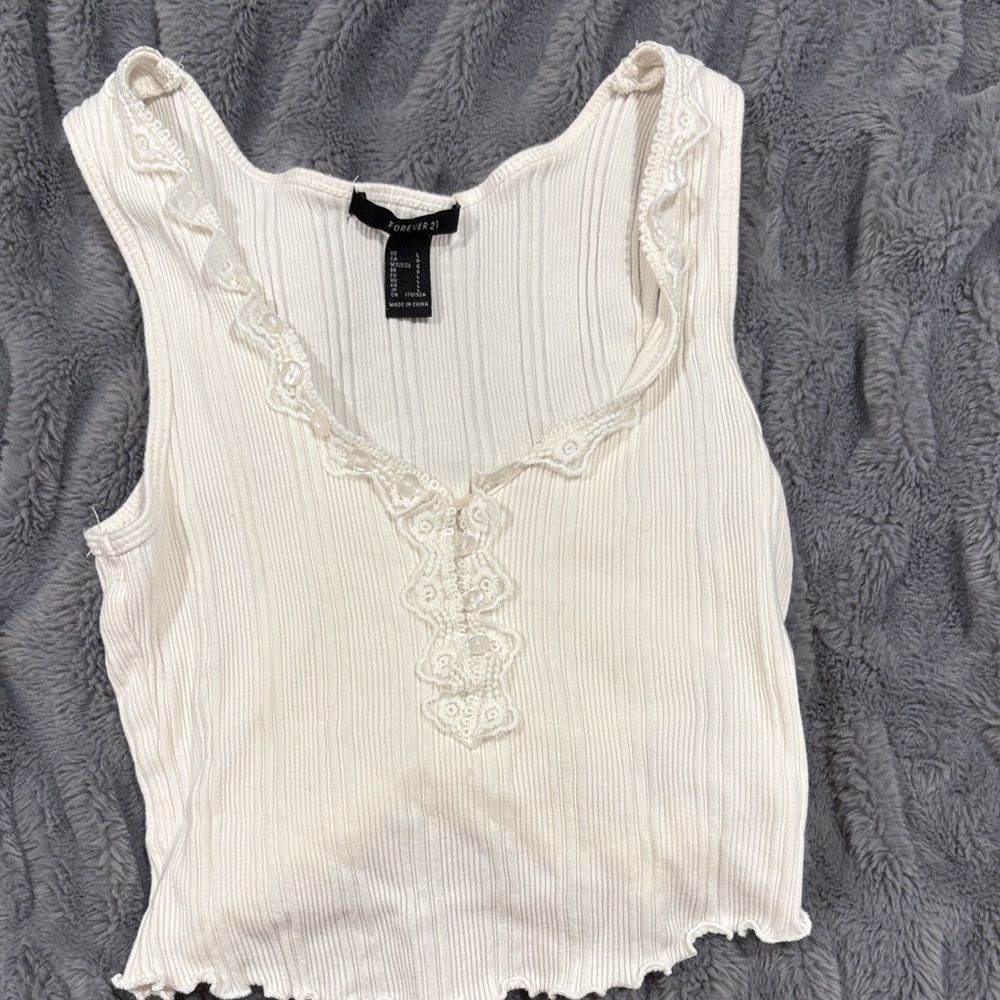 Forever 21 Cream Lace-Trimmed Ribbed Tank Top